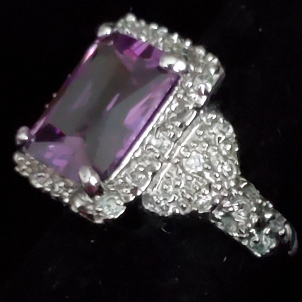 Silvertone Ring With Large Rectangular Purple Sto… - image 3